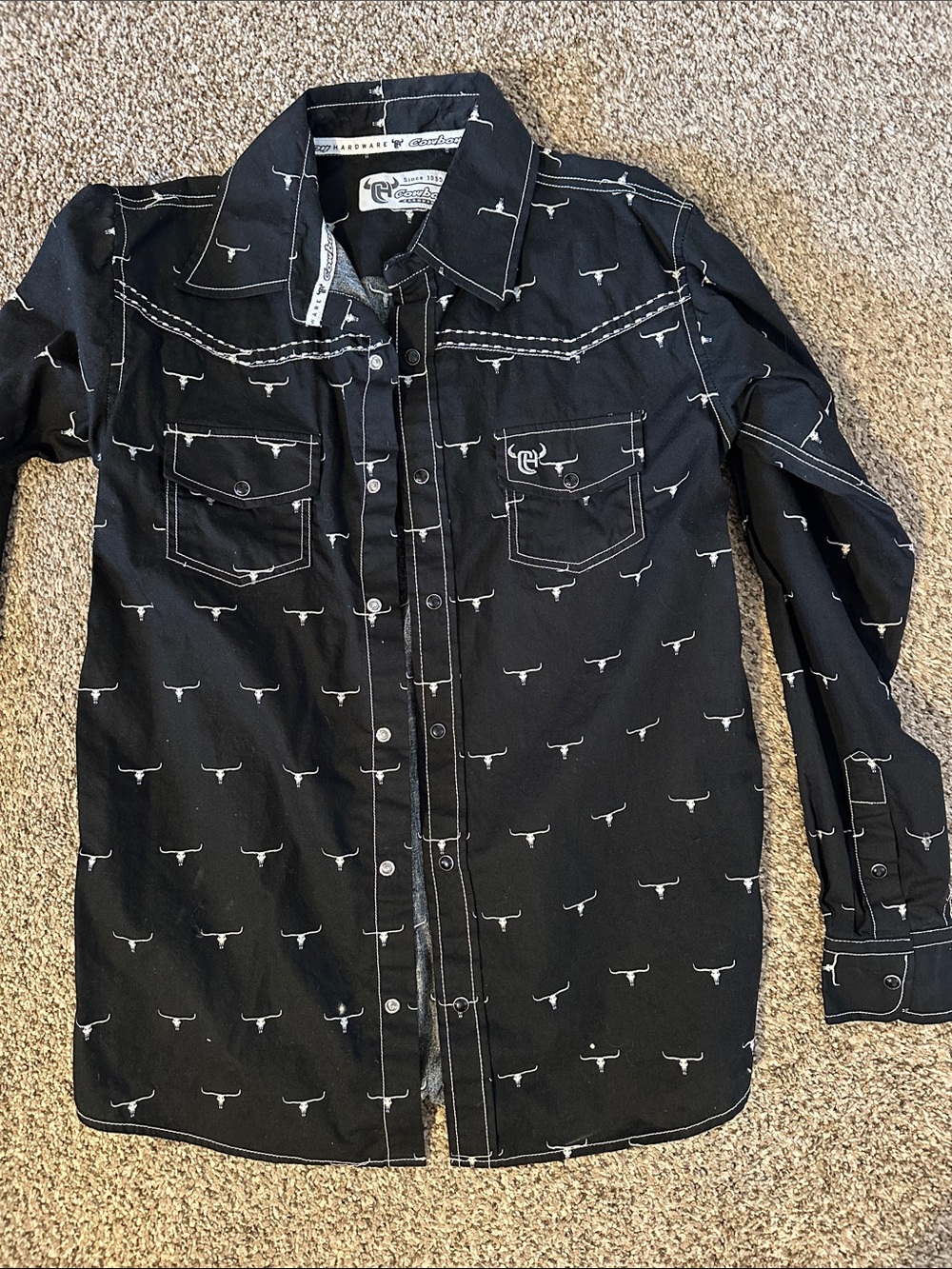Cowboy Hardware Black Longhorn Print Western Shirt Size 10/12